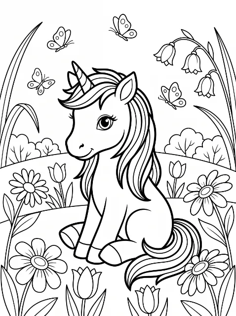 A smiling unicorn with a flowing mane and tail sits among flowers and tall leaves, with four butterflies overhead and bushes behind it.