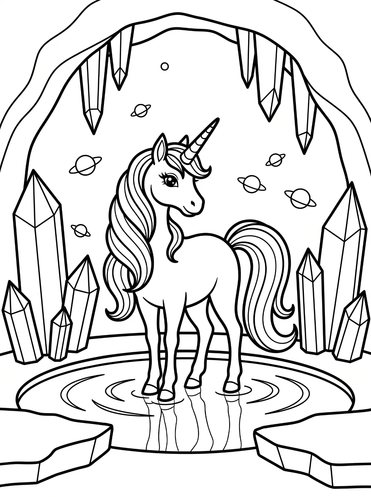 A unicorn with a flowing mane stands in a rippling pool inside a crystal cave, surrounded by small ringed planets.