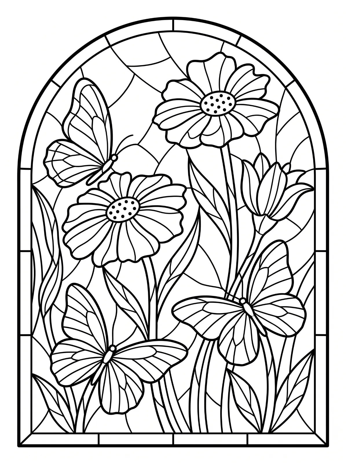 Three butterflies among tall flowers and pointed leaves inside an arched frame, with segmented wings, petals, and background in a stained-glass style.
