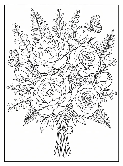 Three butterflies sit among roses, layered flowers, buds, and leafy sprigs in a bouquet tied with a bow, inside a rectangular border.