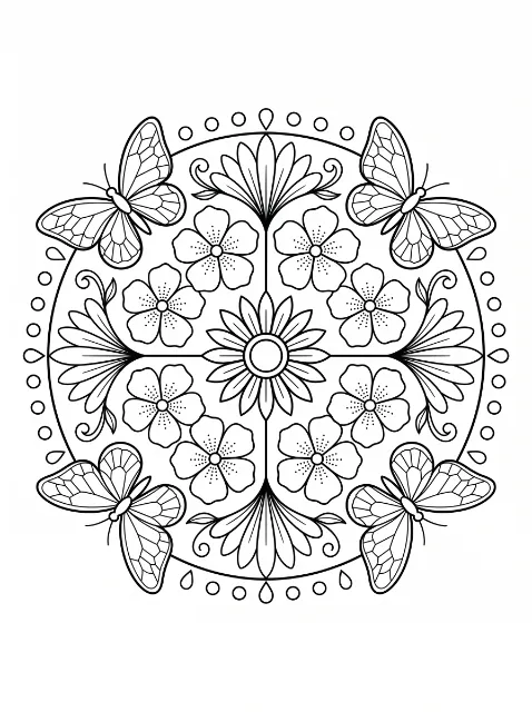 Four butterflies frame a circular floral mandala with a central flower, eight rounded blossoms, curling stems, leaves and decorative dots.