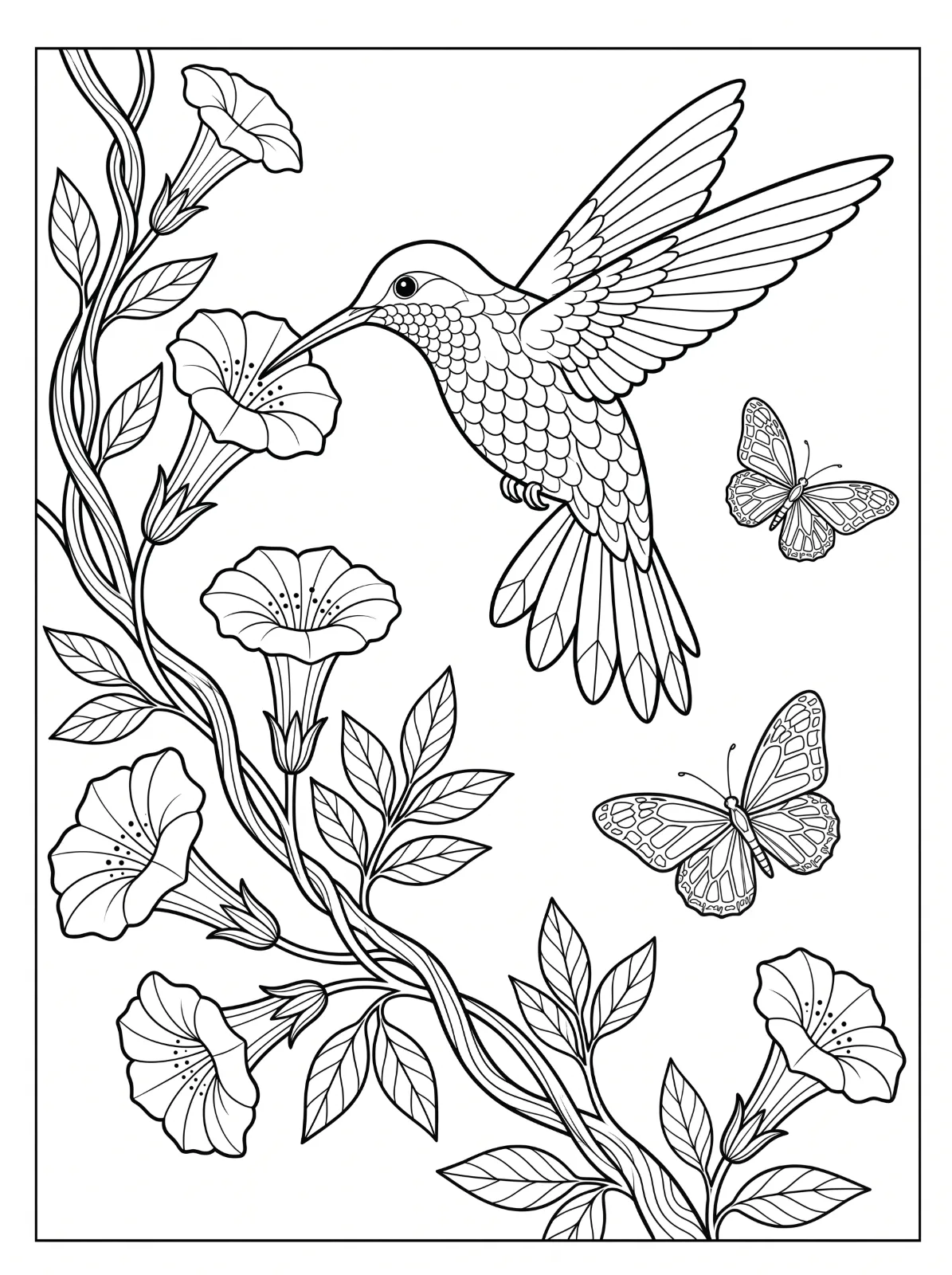 A hummingbird with raised wings reaches toward a flower on a twisting leafy vine, with two patterned butterflies nearby.