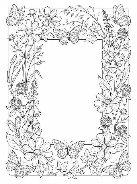 Six patterned butterflies and a border of flowers, grasses, buds, and leafy vines surround a large blank rectangular center.