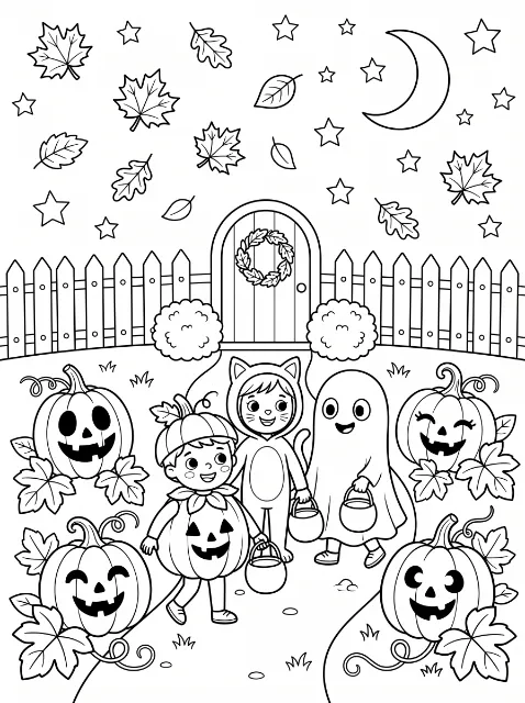 Three children in pumpkin, cat and ghost costumes carry buckets on a path surrounded by jack-o'-lanterns, leaves, a fence, stars and a crescent moon.