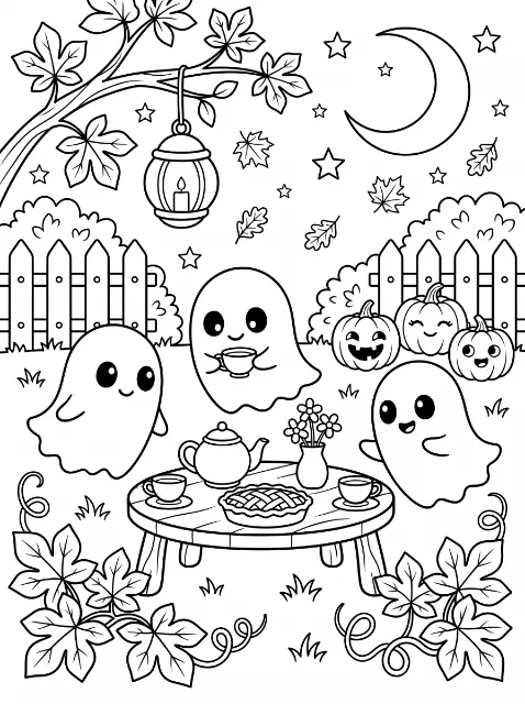 Three smiling ghosts share tea and pie at a round table, surrounded by pumpkins, leaves, a fence, and a hanging lantern beneath a moon and stars.