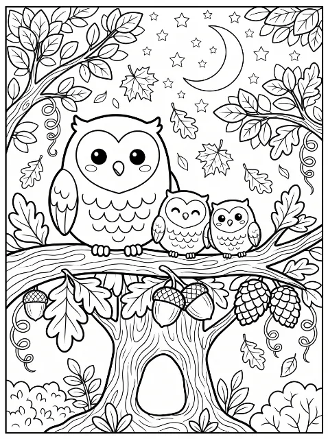 Three cartoon owls perch on a tree branch beneath a crescent moon and stars, surrounded by leaves, acorns, pinecones, and a hollow trunk.