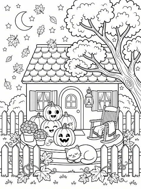 A cottage with smiling pumpkins, potted flowers, a rocking chair, and a sleeping cat sits beneath a tree, crescent moon, and stars.