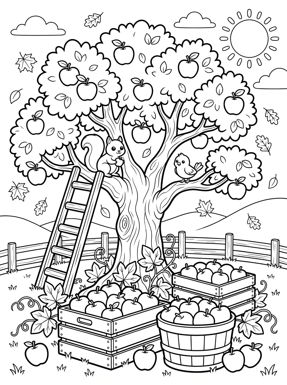 An apple tree with a squirrel and bird, a leaning ladder, falling leaves, and apple-filled crates and a basket beneath a sunny sky.