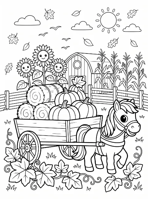 A smiling pony pulls a wagon of pumpkins and hay bales past sunflowers, a barn, corn, and a fence, with leaves and vines in the foreground.