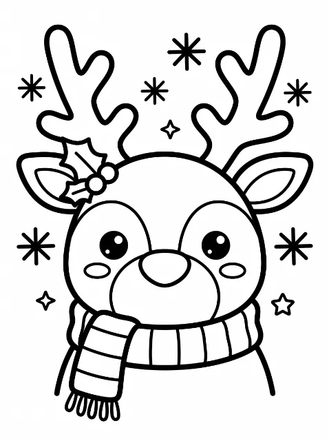 A wide-eyed reindeer with branching antlers wears holly and a striped, fringed scarf, surrounded by simple snowflakes and stars.