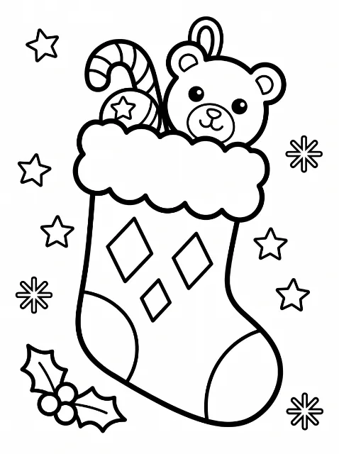 A teddy bear and candy cane peek out of a diamond-patterned Christmas stocking surrounded by stars, snowflakes, and holly.