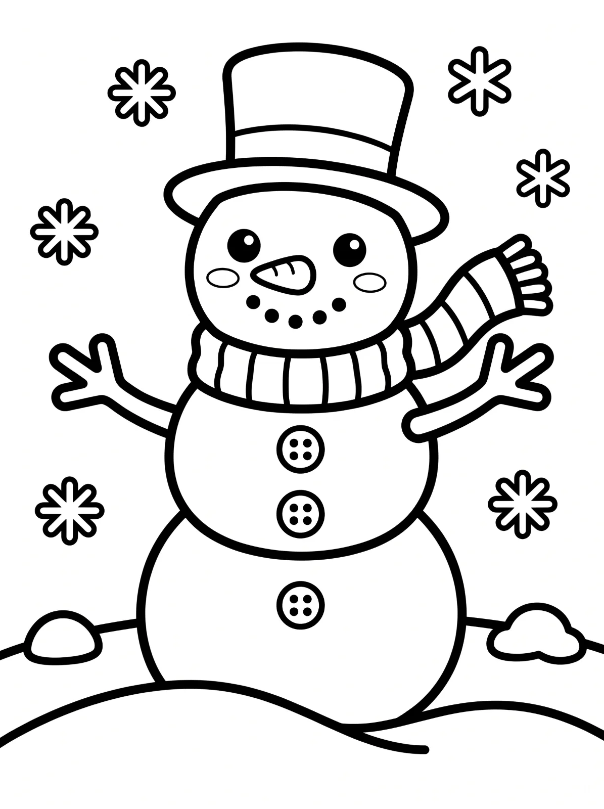 A smiling snowman with a top hat, striped scarf, carrot nose, branch arms, and three buttons stands in snow surrounded by six snowflakes.