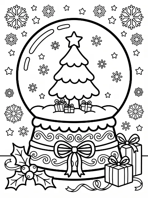 A star-topped Christmas tree and gifts inside a snow globe with a bow and swirling base, surrounded by snowflakes, stars, holly and presents.