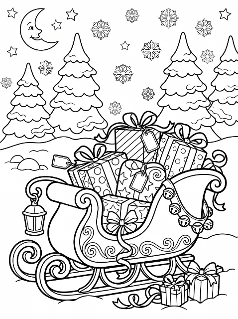 A gift-filled sleigh with bells and a hanging lantern sits among snowy evergreens beneath stars, snowflakes, and a smiling crescent moon.