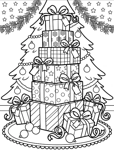 A tall stack of patterned gifts with bows stands before a decorated Christmas tree, with more presents and loose ornaments on an oval mat.