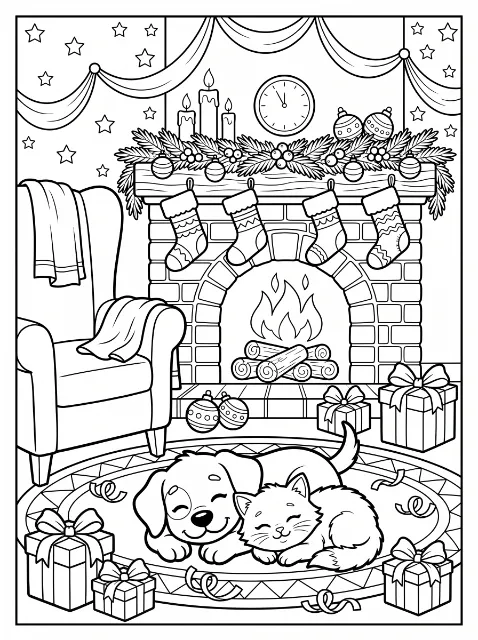 A dog and cat rest on a rug by a fireplace with four stockings, garland, candles, and ornaments, surrounded by gifts beside an armchair.