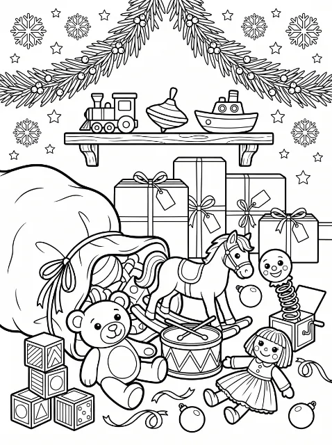 Christmas toys, including a rocking horse, teddy bear and doll, sit among wrapped gifts beneath a toy shelf and evergreen branches.