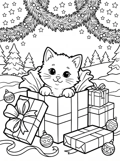 A kitten peeks from an open gift box among wrapped presents and ornaments, with snowy trees, stars and evergreen garlands behind it.