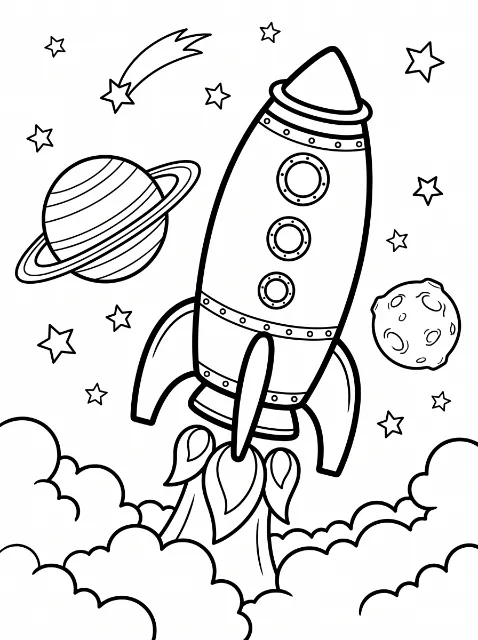 A rocket with three round windows blasts above clouds, surrounded by stars, a shooting star, a ringed planet, and a cratered space rock.