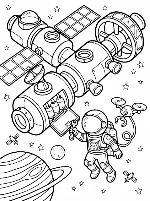An astronaut holds a wrench beside a space station with solar panels and an open hatch, surrounded by a robot, satellites, stars, a moon, and a ringed planet.