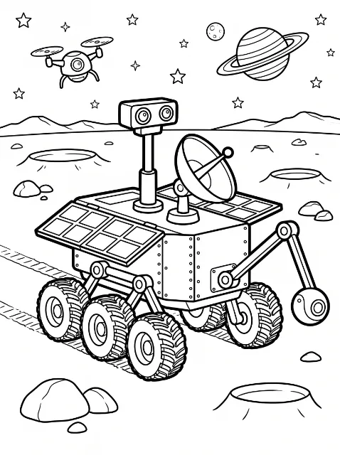 A wheeled space rover with solar panels, a dish, and a jointed arm sits among rocks and craters beneath a flying robot, stars, and a ringed planet.
