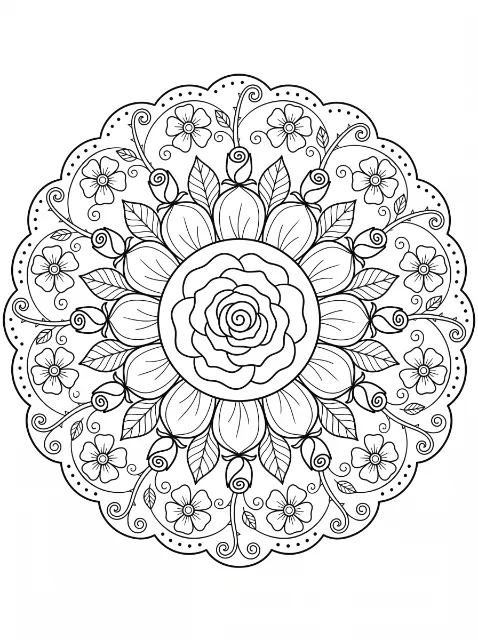 A circular floral mandala with a central rose, rosebuds, veined leaves, small flowers and curling thorny stems inside a dotted scalloped border.