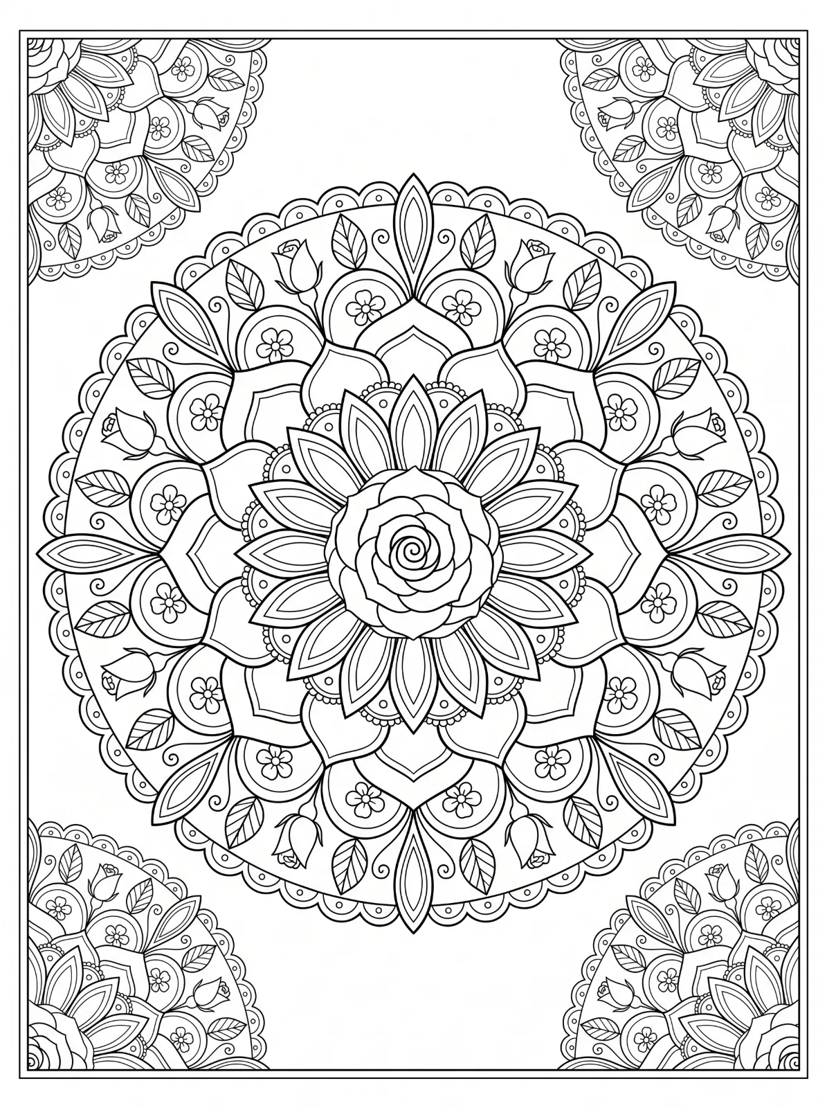 A rose-centered mandala with layered petals, rosebuds, leaves and scalloped rings, framed by partial floral mandalas in all four corners.
