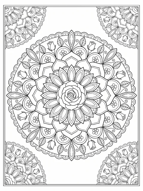 A rose-centered mandala with layered petals, rosebuds, leaves and scalloped rings, framed by partial floral mandalas in all four corners.
