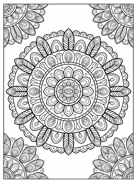 A circular mandala with layered petals, peacock feather motifs, dotted rings and scalloped edges, framed by partial mandalas in all four corners.