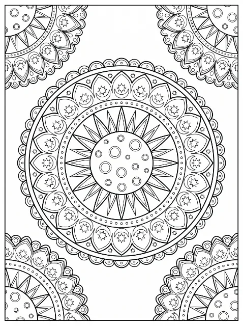 A large mandala with circles, pointed rays, stars, crescents, and scalloped edges is surrounded by matching partial mandalas in four corners.