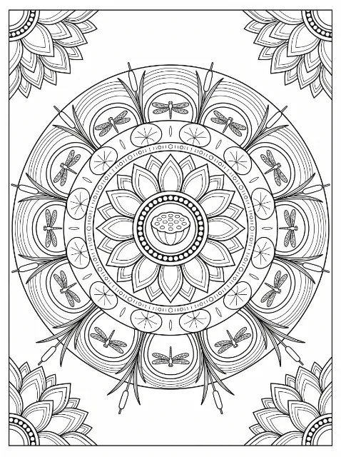 A circular mandala with a central lotus seed pod, layered petals, lily pads, dragonflies and cattails, framed by floral corner motifs.