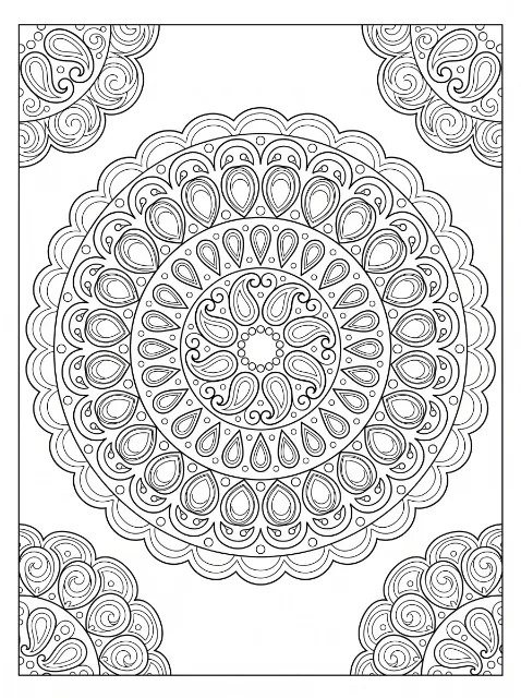 A circular paisley mandala with rings of teardrops, small circles and a scalloped edge, surrounded by ornate corner patterns in a rectangular border.