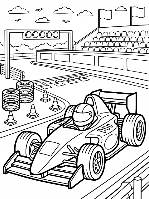 A helmeted driver in an open-wheel race car on a track with cones, tire stacks, signal lights, empty grandstands, flags, clouds, and birds.