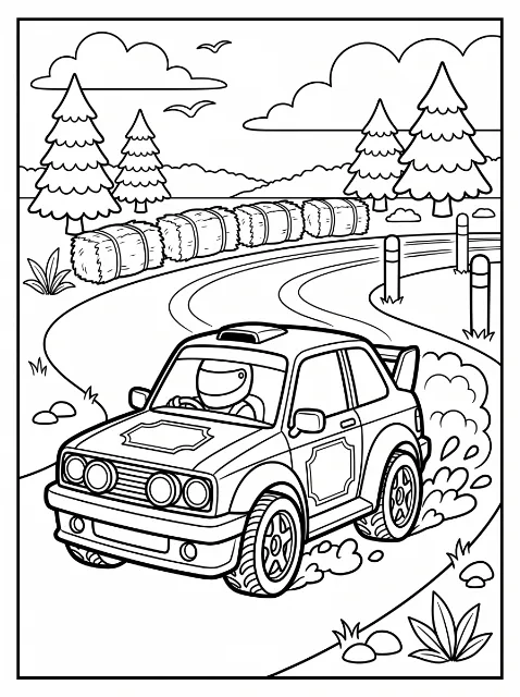 A helmeted driver steers a rally car around a dusty bend bordered by hay bales, posts, evergreen trees, rocks, and grass, with birds overhead.