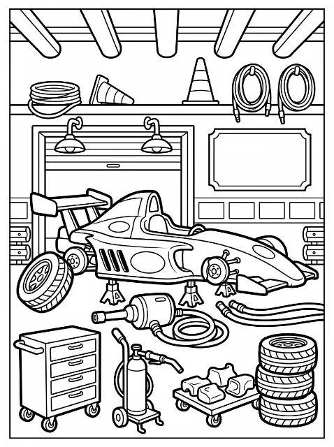 A race car on stands in a workshop, surrounded by loose wheels, stacked tires, hoses, tools, a rolling cabinet and carts.