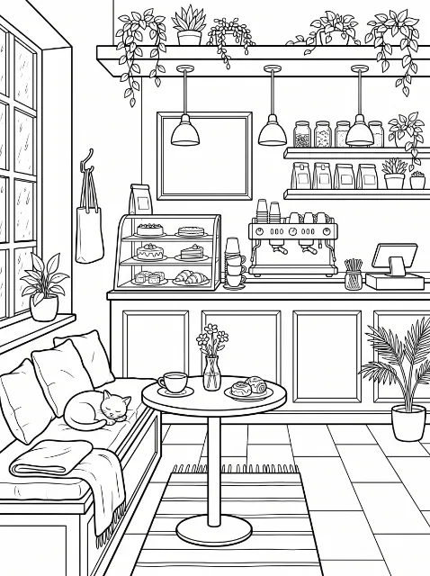 A sleeping cat rests on a cafe bench beside a table with flowers, a cup, and pastries, with plants and an espresso counter behind it.