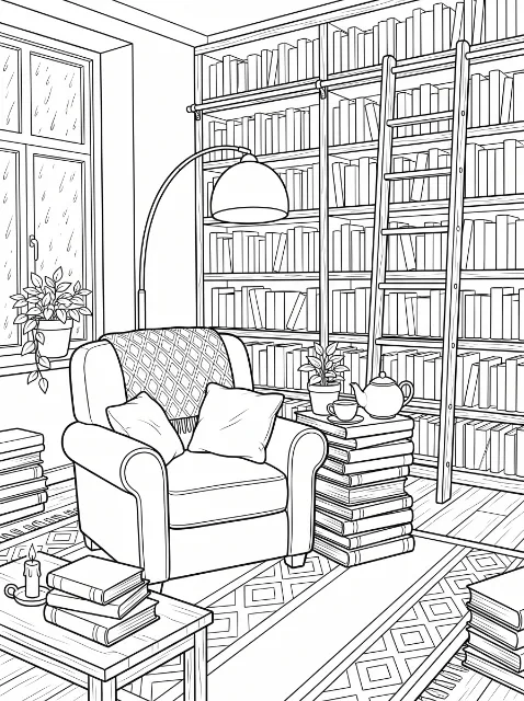 A cozy reading nook with an armchair, bookshelves, ladder, lamp, plants, teapot, cup, candle, patterned rug, and rain-dotted window.