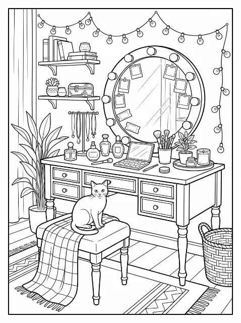 A cat sits on a blanket-covered stool at a vanity with a round bulb-framed mirror, makeup, plants, and string lights.