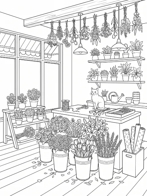 A cat sits on a flower shop worktable amid buckets of bouquets, shelves of potted plants, hanging flowers, and florist supplies.