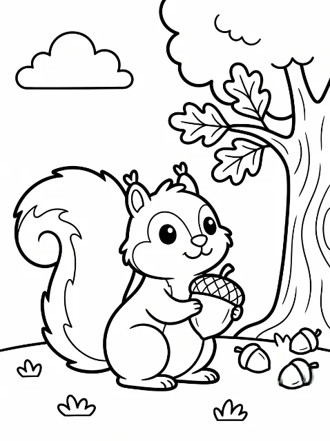 A smiling squirrel with a curled bushy tail holds an acorn beside a leafy tree, with three acorns, grass tufts, and a cloud nearby.