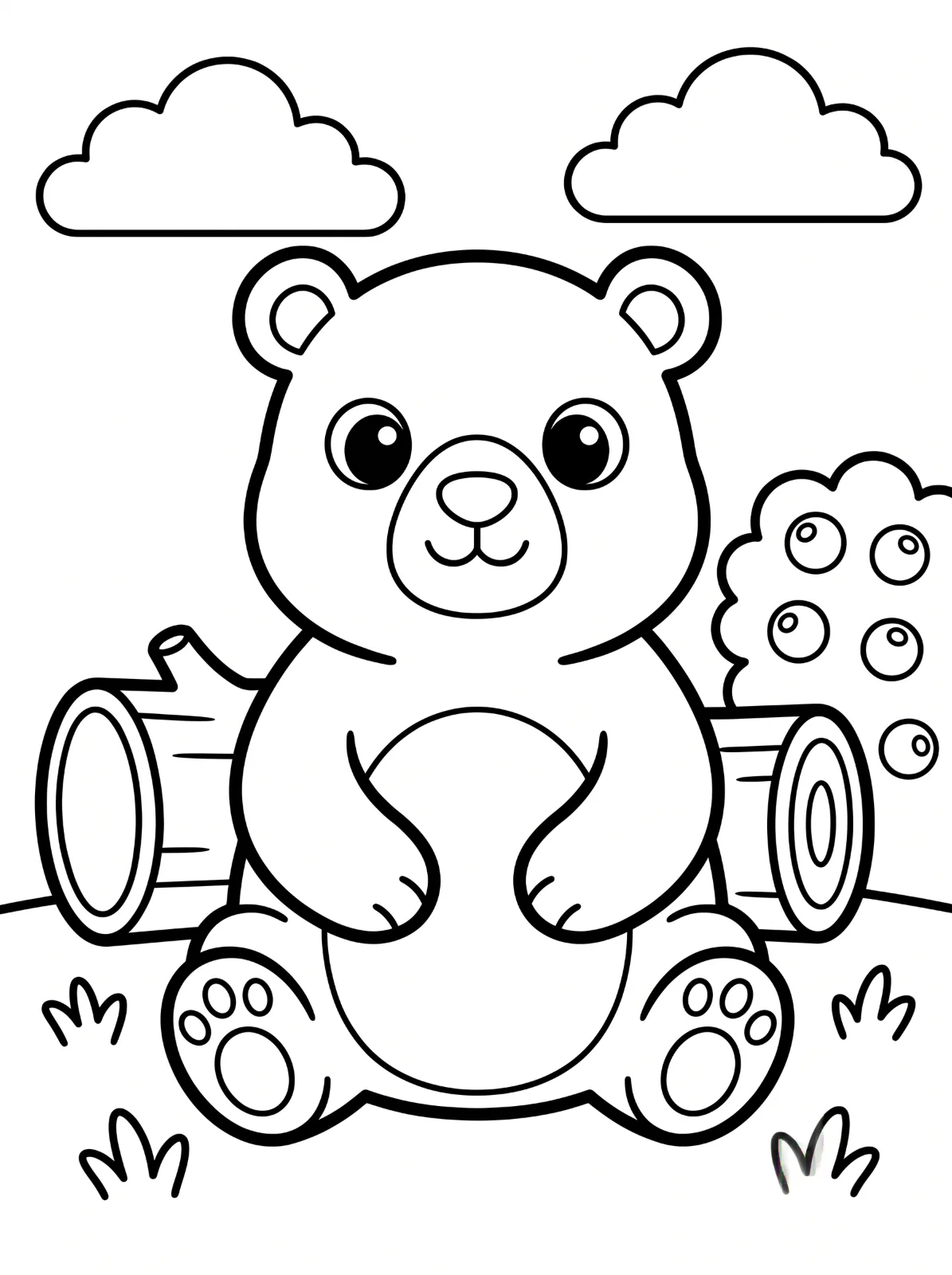 A smiling cartoon bear sits in front of logs beside a berry bush, with two clouds overhead and tufts of grass around its paws.