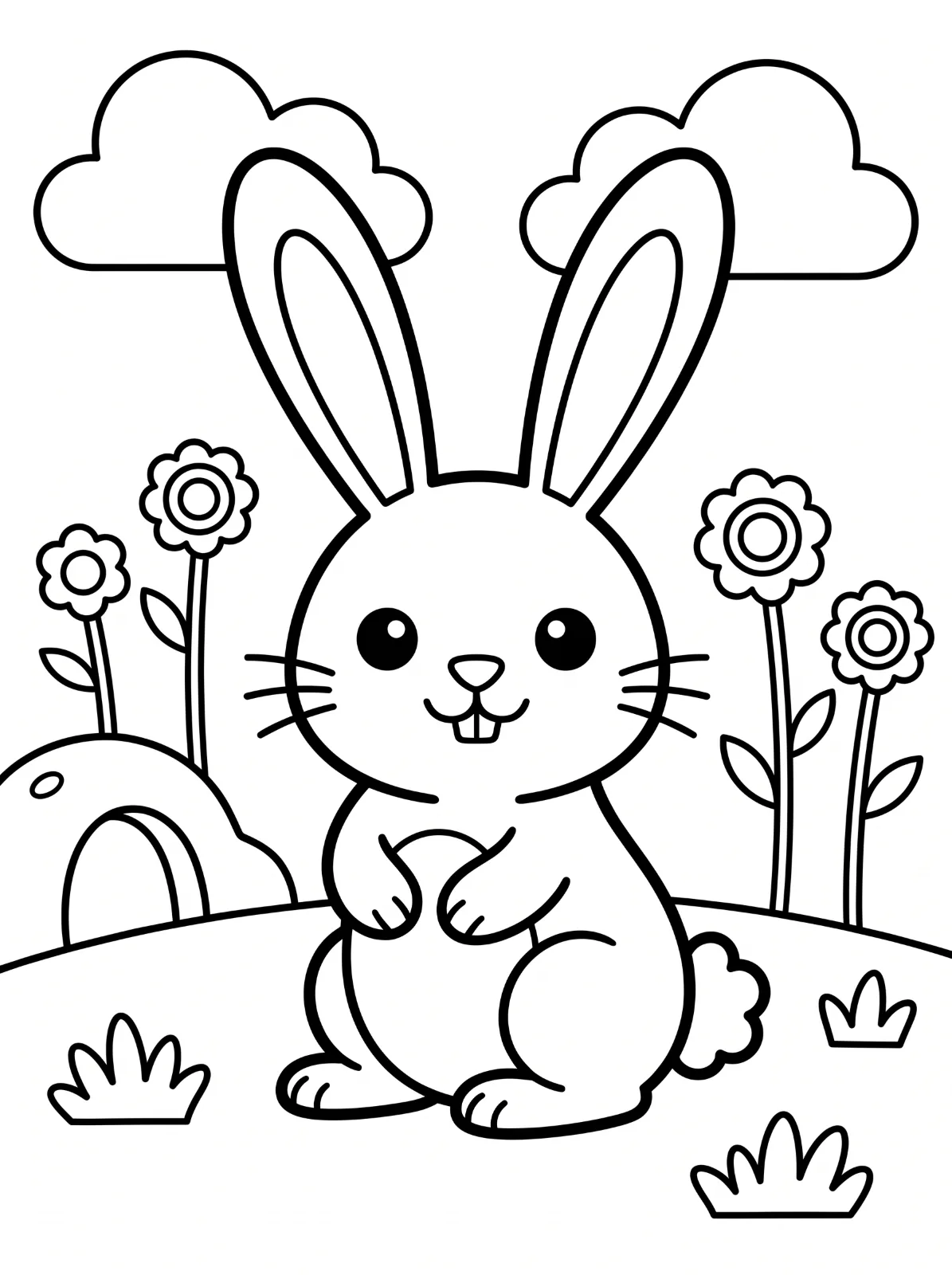 A smiling bunny with long ears and a fluffy tail sits among four flowers, three grass tufts, two clouds, and a burrow entrance.