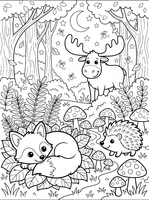 A fox curls on leaves beside a hedgehog and mushrooms, with a moose, trees, flying insects, stars and a crescent moon behind them.