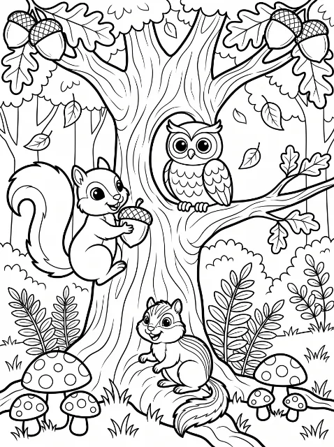 An owl perches by an oak tree hollow, a squirrel holds an acorn on the trunk, and a chipmunk sits below among plants and spotted mushrooms.