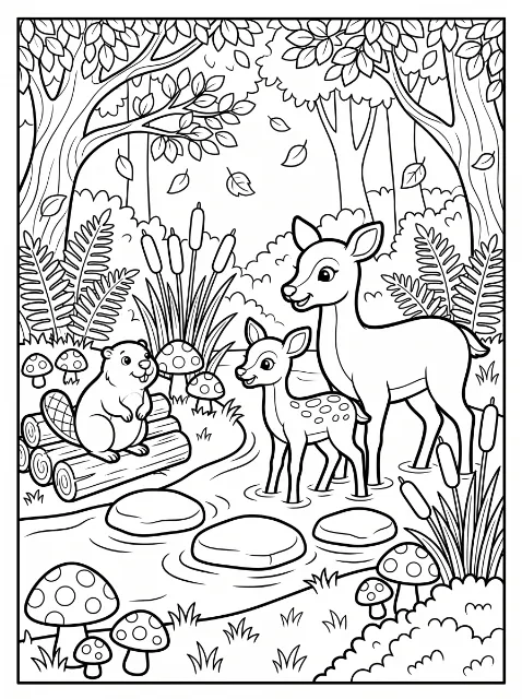 A deer and spotted fawn stand in a stream beside a beaver on logs, surrounded by trees, ferns, cattails, mushrooms, and rocks.