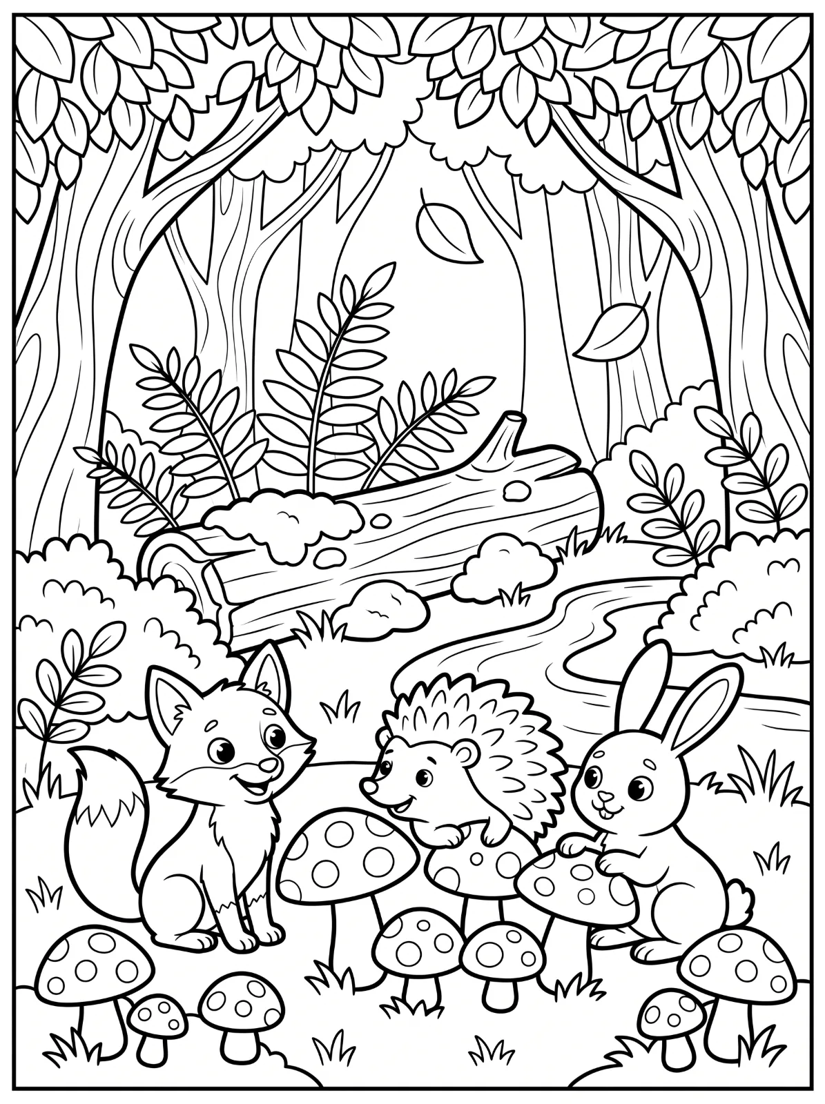 A smiling fox, hedgehog and rabbit gather among spotted mushrooms, with a winding stream, fallen log, bushes and leafy trees behind them.