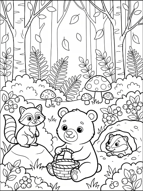 A smiling bear holds a basket beside a raccoon on a rock and a badger peeking from an opening, surrounded by trees, ferns, berries, and mushrooms.