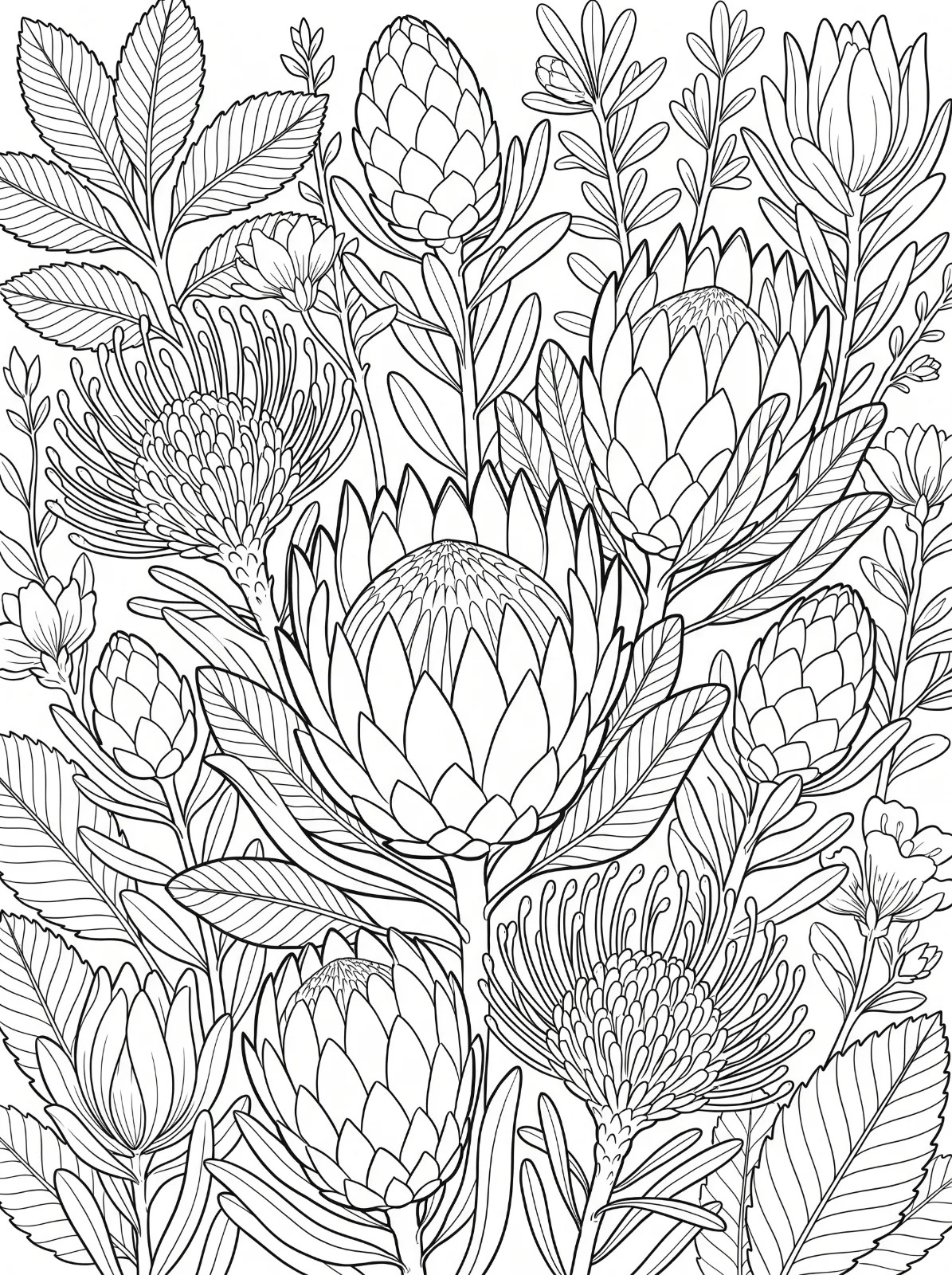 Dense protea and pincushion flowers with layered petals, small blossoms, branching stems and veined leaves fill a black-and-white line drawing.