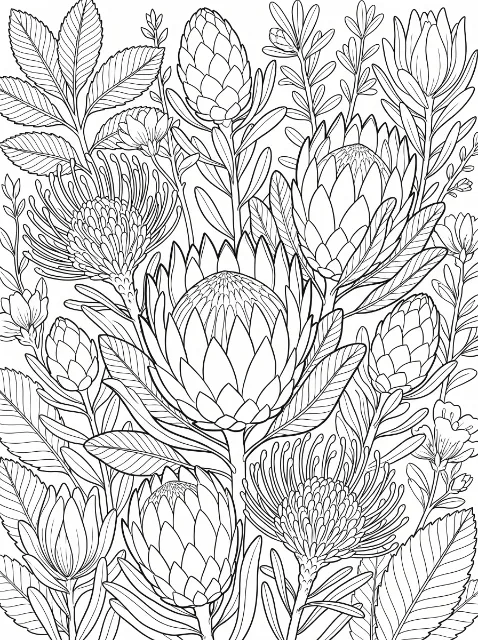 Dense protea and pincushion flowers with layered petals, small blossoms, branching stems and veined leaves fill a black-and-white line drawing.