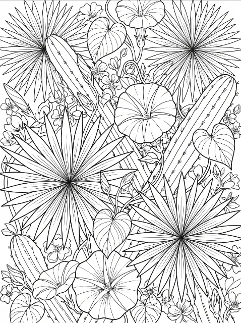 Dense botanical line drawing of fan-shaped palm leaves, spiny cacti, large open flowers, small blossoms and heart-shaped leaves on curling stems.